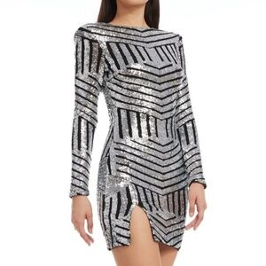Dress The Population. Directional Stripe Long Sleeve Cocktail Mini Dress.